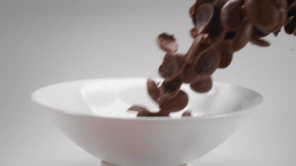 Hojuelas de maíz de chocolate y la leche están cayendo al tazón blanco en cámara lenta — Vídeos de Stock