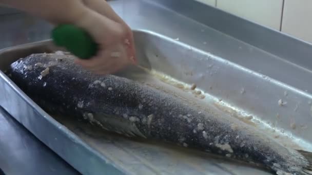Aşçı balığı bıçakla temizler. — Stok video