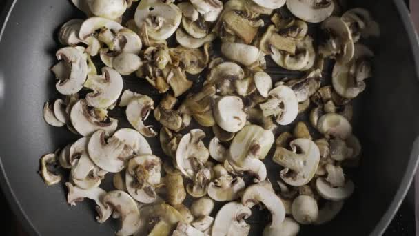 Επίπεδο πλάνο των champignons ψήνονται στο τηγάνι ψησίματος — Αρχείο Βίντεο