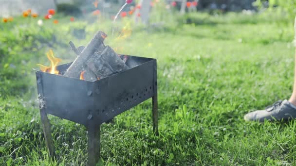 Muž přidává tekuté zapalování do malého kouřícího dřeva v grilu a plamen praskne — Stock video