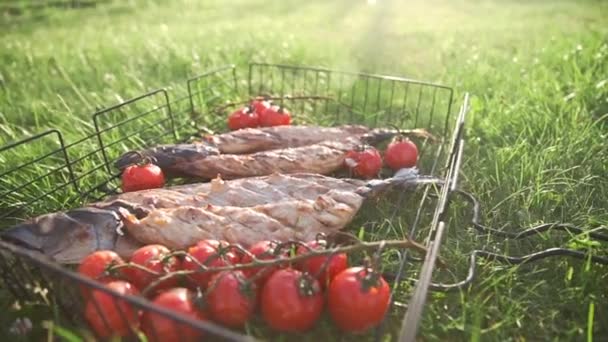 Assado e grelhado scomber encontra-se na grama verde com tomates cereja — Vídeo de Stock