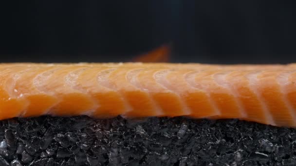 Le saumon est brûlé au ralenti avec un brûleur à gaz Séquence Vidéo