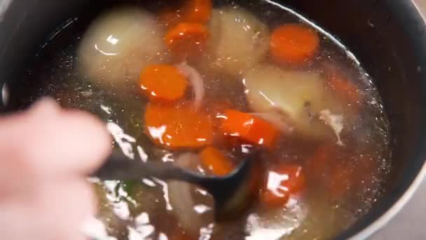 Šéfkuchař vaří zeleninový vývar s mrkvovou cibulí a kořením — Stock video