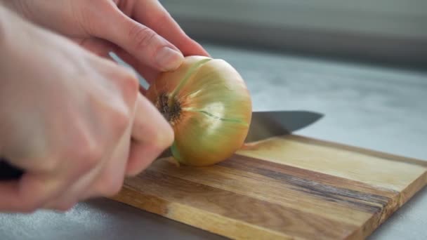 Chef cuts onion for fresh salad — Stock Video
