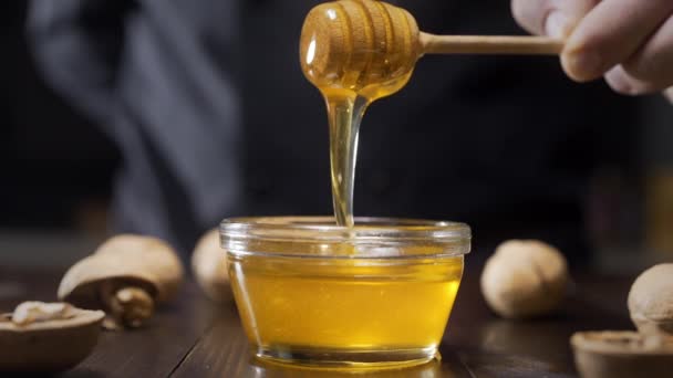 Trempettes chef bâton de miel en bois dans le bol en verre — Video