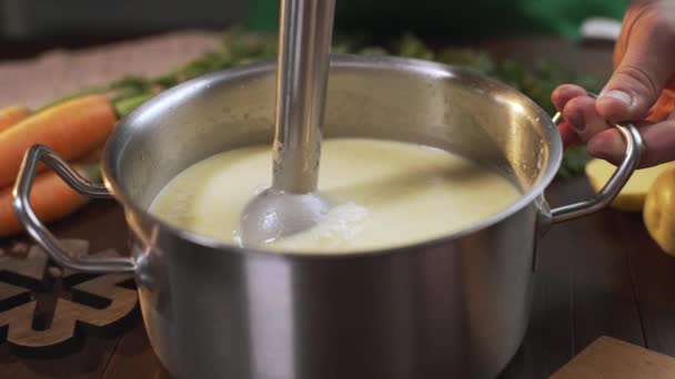 Кухар використовує ручний блендер для приготування пюре — стокове відео