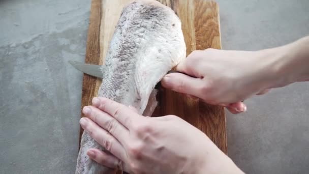 Der Koch trennt Fischfilet — Stockvideo
