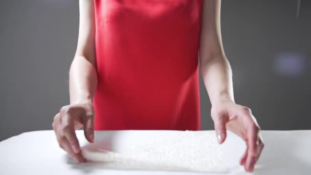 Μοδίστρα σιδερώνει ρούχα — Αρχείο Βίντεο