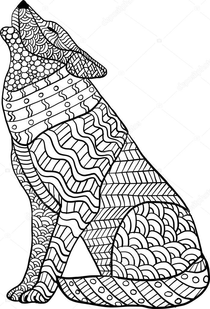 Coloring page with zentangle style and doodles with wolf