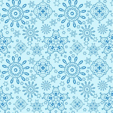 Kar taneleriyle kusursuz bir şablon. Mavi arkaplanda mavi kar taneleri