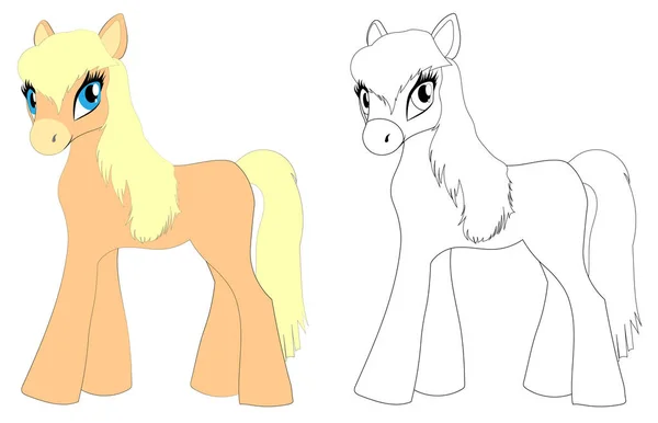 Pony vectorial - para colorear y colorido. Pony de dibujos animados. Niños juguete y personaje de dibujos animados. Ilustración plana — Vector de stock