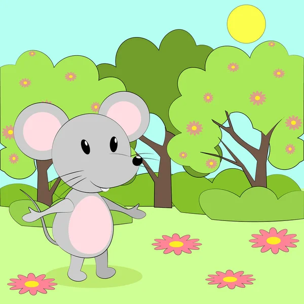 Vektor-Cartoon-Maus zu Fuß im Park. Frühlingsblumen und graue Maus — Stockvektor