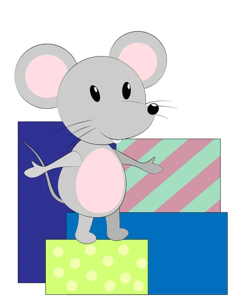 Vektorillustration mit Maus und Geschenken. Cartoon-Maus-Grußkarte — Stockvektor