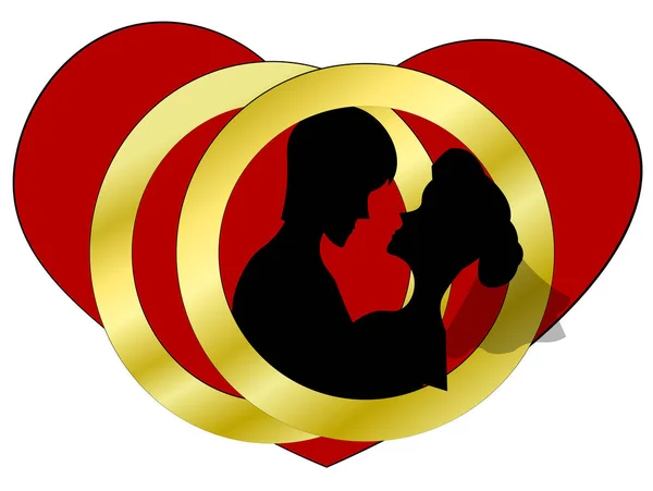 Vector illustration with rings and couple. Wife and husband with heart and wedding rings. — Stock Vector