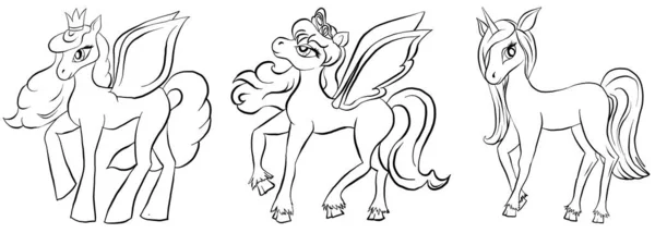 Vector set of coloring pony. Pegasus, unicorn and pony. Set for coloring book for children. Pony outlines set — 스톡 벡터
