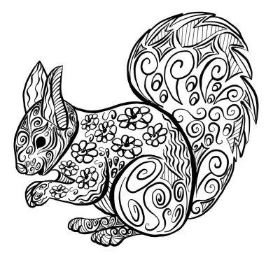 Vektör zenkarga renkli sincap. Stres önleyici boyama kitabı sayfası. Yetişkinler için renklendirme - Zentangle sincabı