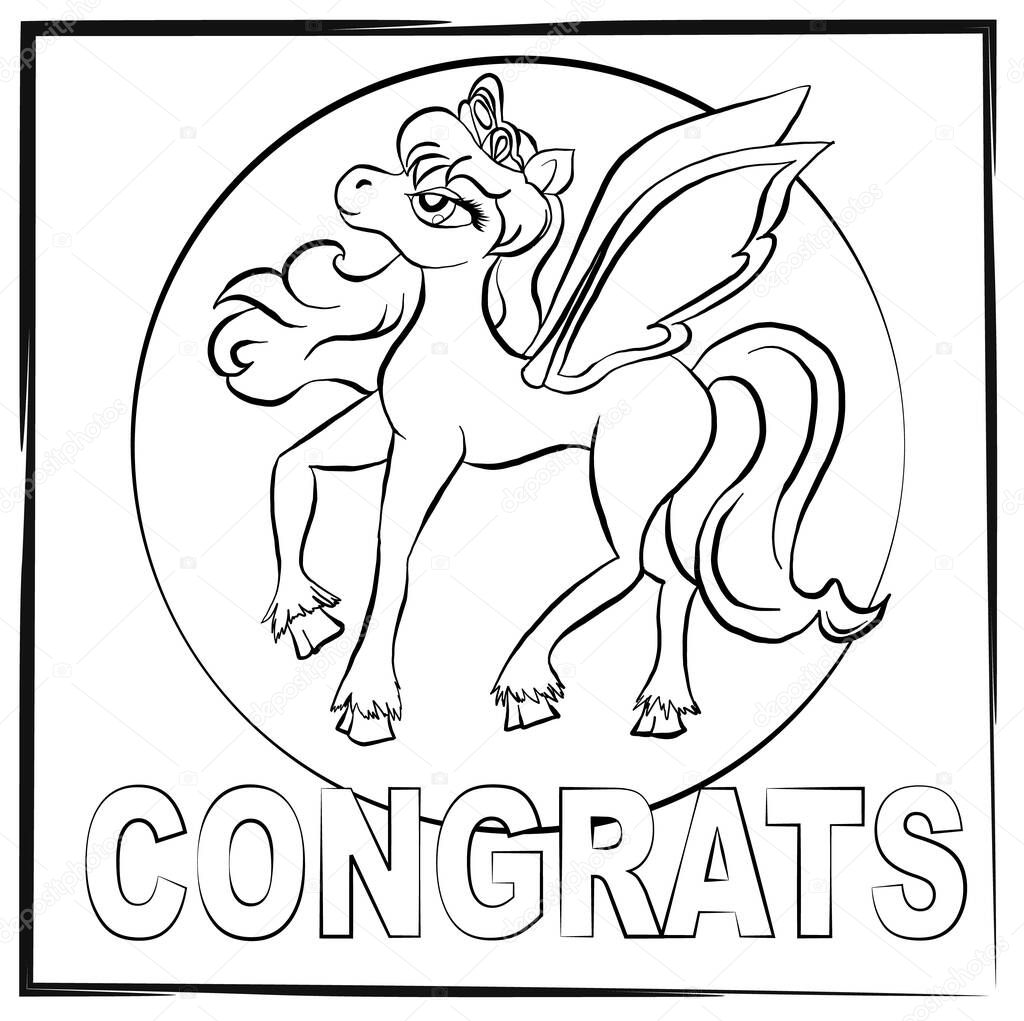 Vector outline pony. Card with cketch pony congrats. Magic coloring pegasus