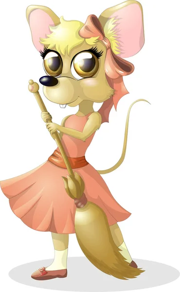 Cartoon Illustration Der Maus Mit Besen Charakterratte Rosa Kleid Mit — Stockfoto