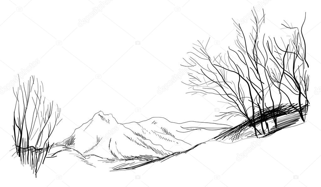 house in mountain landscape hand drawn vector illustration realistic sketch.