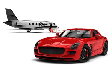 3D render image representing an red carpet with a private jet and a uxury car / Red carpet Private jet with a Luxury Car clipart