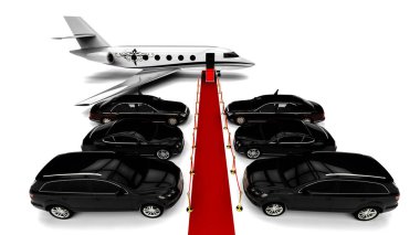 3D render image representing a high class travel fleet with an red carpet and a private jet / High class red carpet travel fleet  clipart