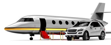 3D görüntüsü kırmızı halıyı temsil ediyor. Özel jeti ve kırmızı halısı var. Özel jeti ve lüks arabası var.