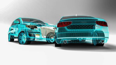 Kablo çerçevesinde bir araba kazasını temsil eden 3B görüntüleme 