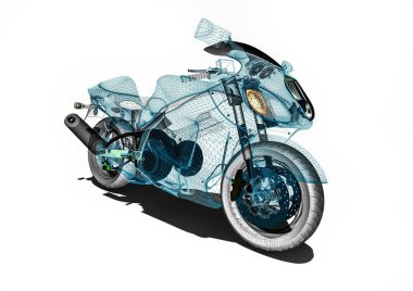 Motosiklet geliştirme sürecini temsil eden bir motosikletin 3B görüntüsü 