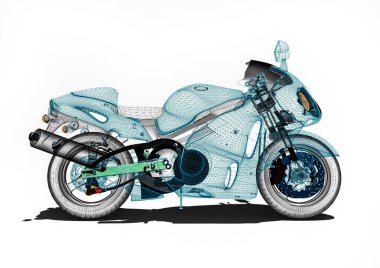 Motosiklet geliştirme sürecini temsil eden bir motosikletin 3B görüntüsü 