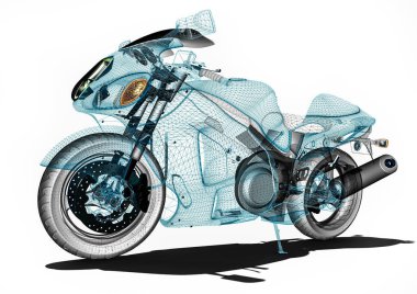 Motosiklet geliştirme sürecini temsil eden bir motosikletin 3B görüntüsü 