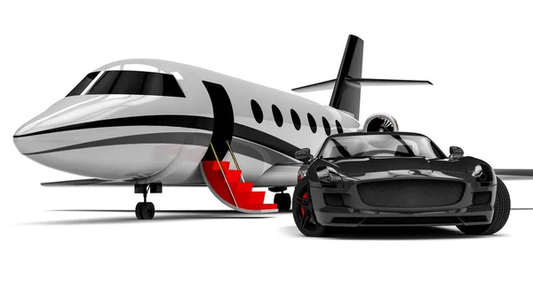 3D görüntüsü kırmızı halıyı temsil ediyor. Özel jeti ve kırmızı halısı var. Özel jeti ve lüks arabası var.