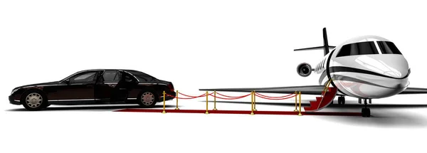 3D渲染图像 用私人飞机和红色地毯表示红地毯私人飞机和豪华汽车 — 图库照片