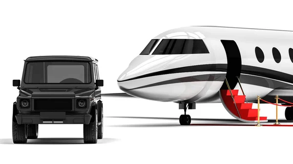 3D渲染图像 用私人飞机和红色地毯表示红地毯私人飞机和豪华汽车 — 图库照片
