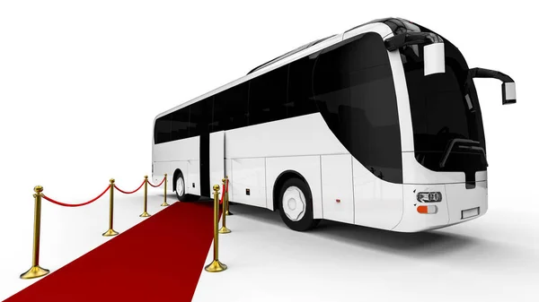 3D渲染代表红地毯 红地毯巴士末端的豪华巴士的图像 — 图库照片