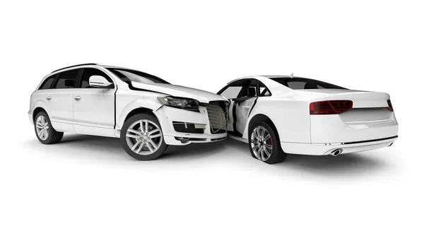 Рендеринг Изображения Представляющего Автомобильную Аварию Белые Разбитые Автомобили Аварии — стоковое фото