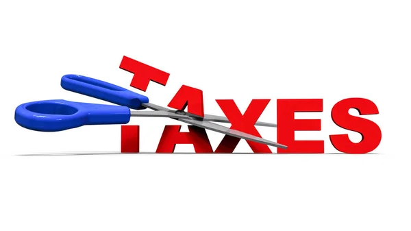 Vergileri düşürme / düşürme kavramının 3 boyutlu çizimi. Kompozisyon gölgeli beyaz bir arka planda izole edilmiş. Vergi indirimi