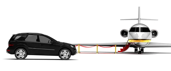 プライベートジェット付きのレッドカーペットと高級車 レッドカーペットを表す3Dレンダリングイメージ高級車付きのプライベートジェット — ストック写真
