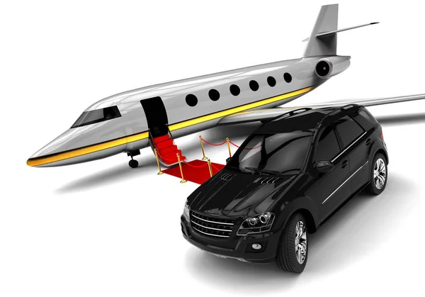 3D渲染图像 用私人飞机和红色地毯表示红地毯私人飞机和豪华汽车 — 图库照片