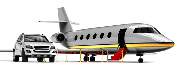 Immagine Rendering Che Rappresenta Tappeto Rosso Con Jet Privato Una — Foto Stock