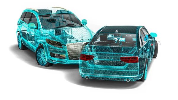 Kablo çerçevesinde bir araba kazasını temsil eden 3B görüntüleme 