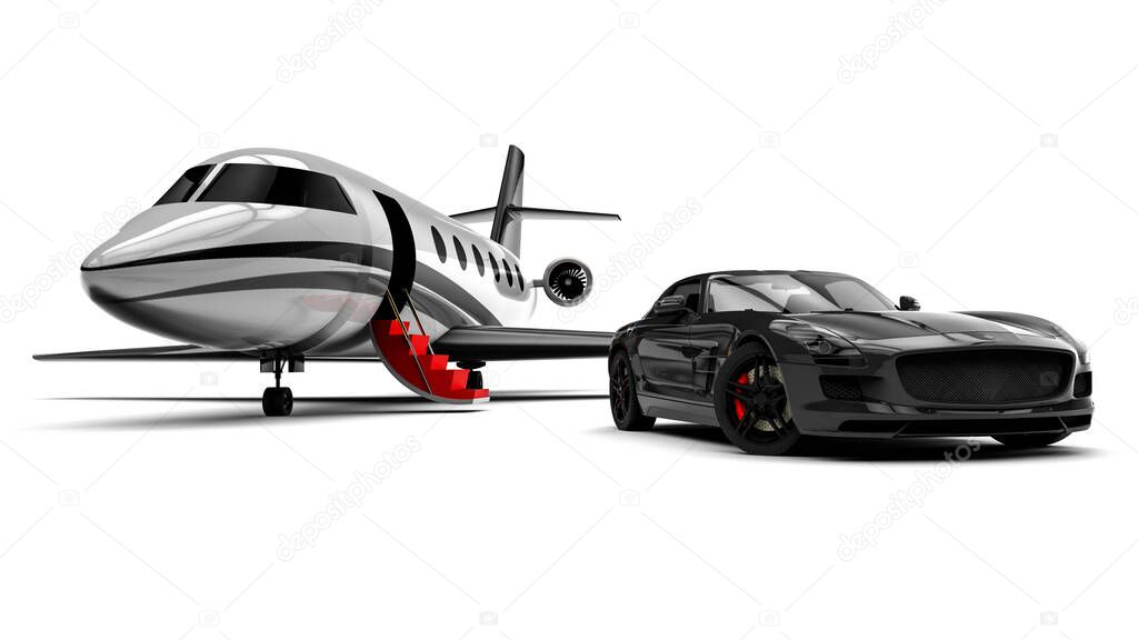 3D render image representing an red carpet with a private jet and a uxury car / Red carpet Private jet with a Luxury Car