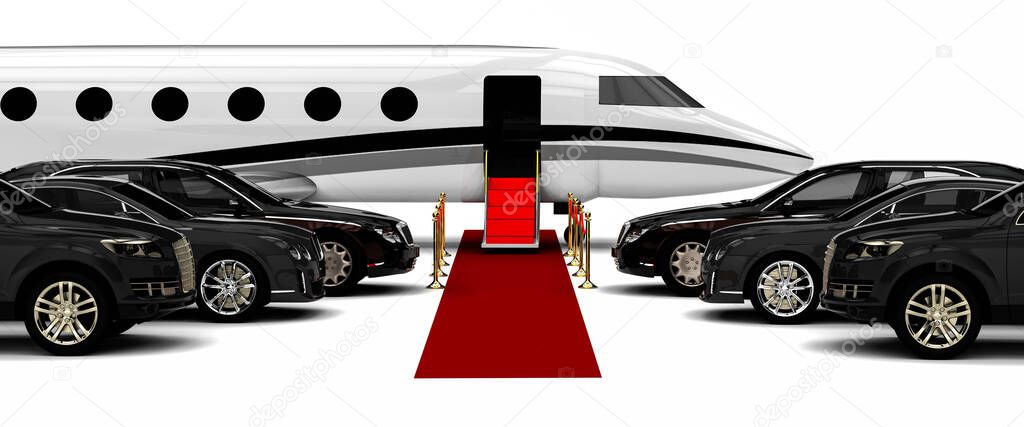 3D render image representing a high class travel fleet with an red carpet and a private jet / High class red carpet travel fleet 