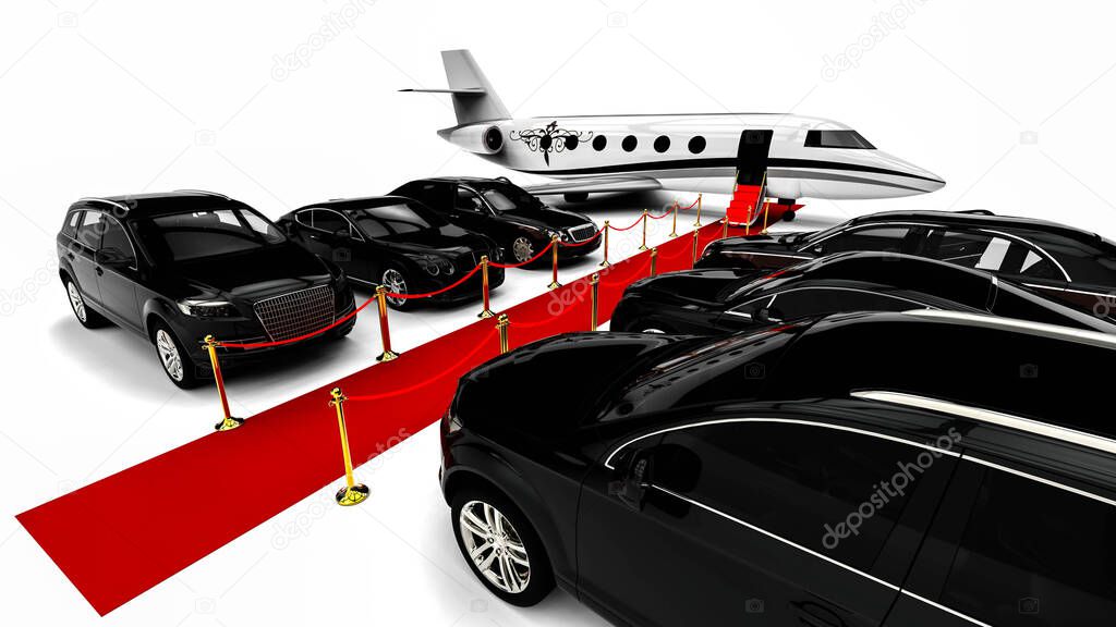 3D render image representing a high class travel fleet with an red carpet and a private jet / High class red carpet travel fleet 