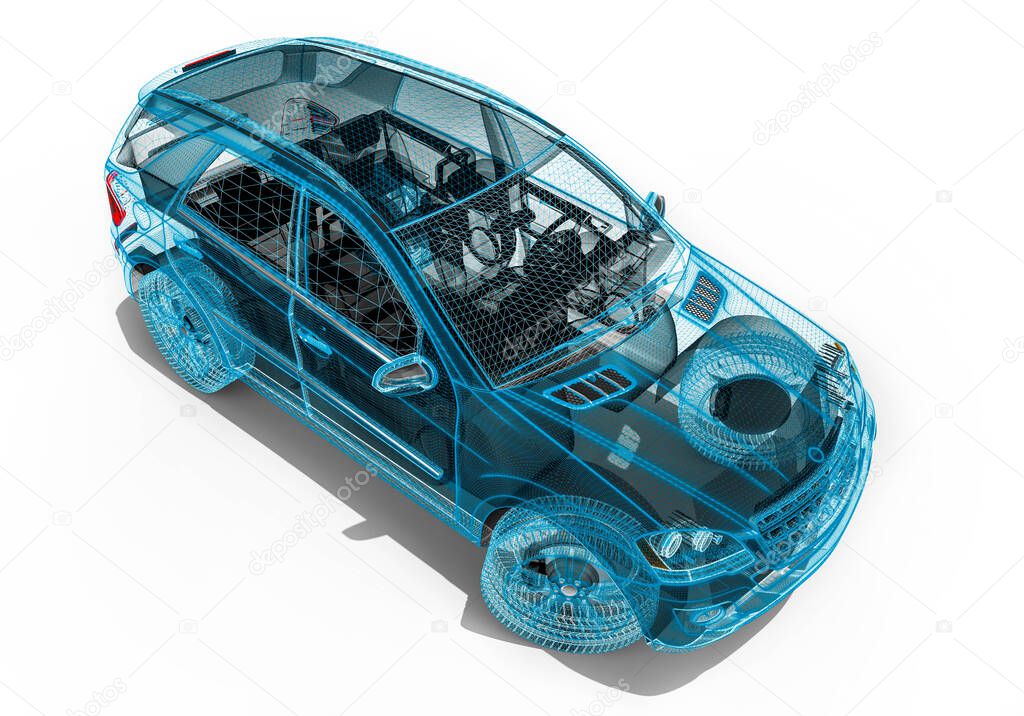 3D render image representing an wire frame car / Wire frame technology