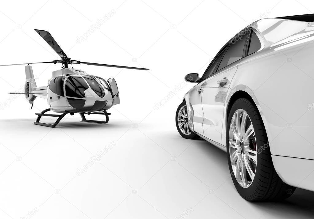 D render image representing a rich man transportation vehicles isolated on white background / Rich man vehicles