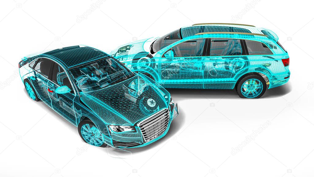 3D render image representing an car accident in wire frame 