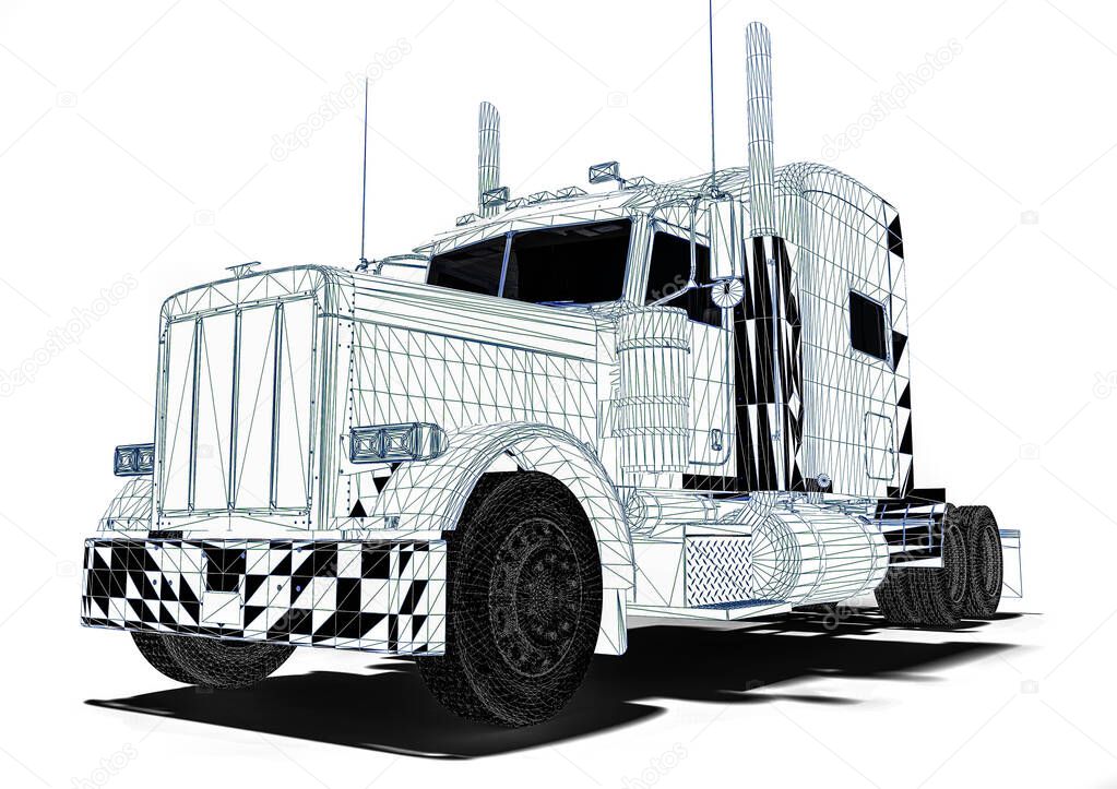 3D render image representing an wire frame american truck / Wire frame technology