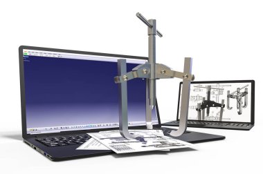 CAD geliştirme sürecini temsil eden 3B görüntüleme kalıbı, levha metali veya parçayı, montajı 