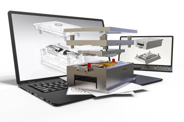 CAD geliştirme sürecini temsil eden 3B görüntüleme kalıbı, levha metali veya parçayı, montajı