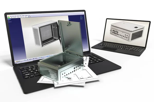 CAD geliştirme sürecini temsil eden 3B görüntüleme kalıbı, levha metali veya parçayı, montajı 